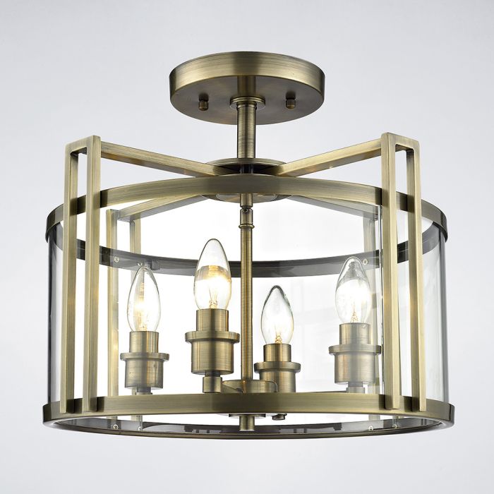 Diyas Il31091 Eaton Semi Flush 4 Light Ceiling Lantern Antique Brass Frame